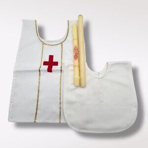 Vintage Catholic Baptism Candle & Outfit Set Infant Christening Gown White Red
